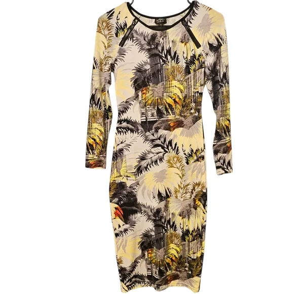 Topshop Black Yellow Long Sleeve Palm Print Zip Detail Body-Con Dress Size 4